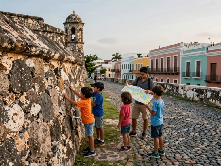 Medium-wide environmental shot of a family exploring a historic fort in Old San Juan Puerto Rico, children touching the ancient stone walls, parents reading a posted map, soft morning daylight on the cobblestones, colorful facades in the background