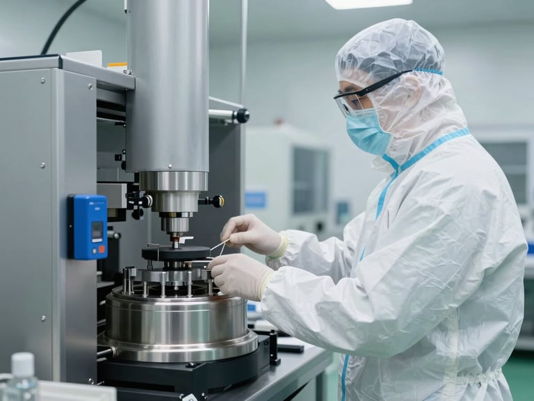 A cleanroom technician in full sterile protective equipment monitoring a high-capacity rotary capsule filling machine, bright clinical lighting.