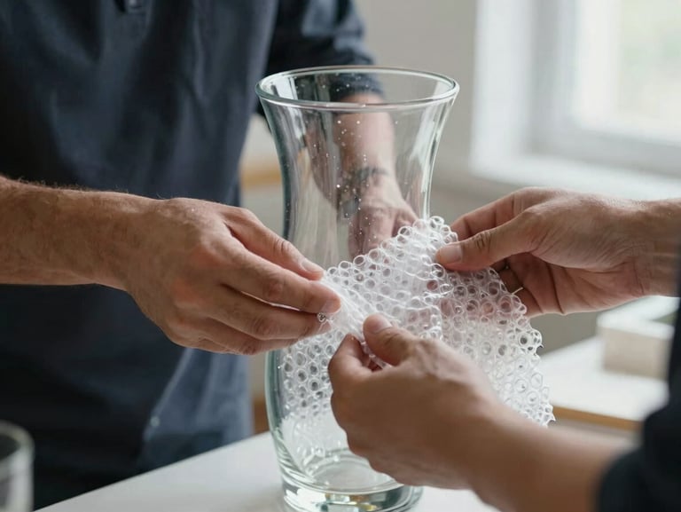 Close-up of professional hands carefully wrapping a fragile glass vase with thick protective bubble packaging, bright natural indoor lighting.