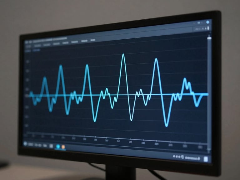 Macro close-up of a technical wave diagram on an LCD monitor in a dark editing suite, crisp blue lines, soft neutral gray background