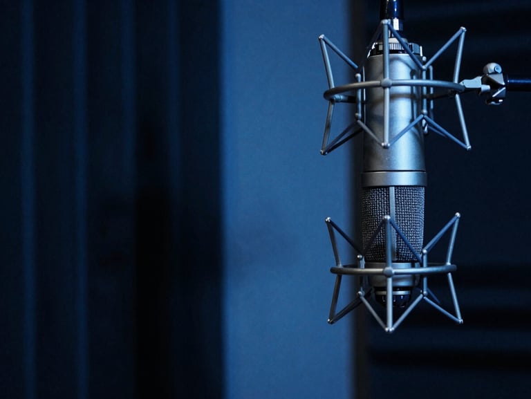 Close-up of clean studio acoustics paneling and a professional condenser microphone suspended on a shock mount, dark charcoal shadows, cool blue light, 35mm