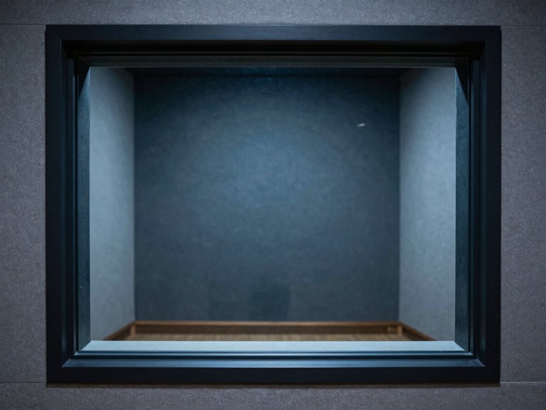 A pristine empty soundproofed recording booth seen through a double-glazed studio window, soft blue and gray tones, minimalist composition, sharp focus
