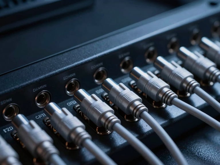 Close-up of professional audio patching bay with silver cables inserted, clean metallic textures, low-key cool studio lighting