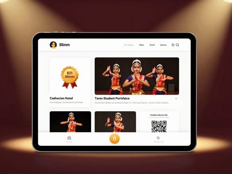A clean digital student portfolio interface on a tablet, showing achievement badges, performance video recordings, and a verified QR credential.