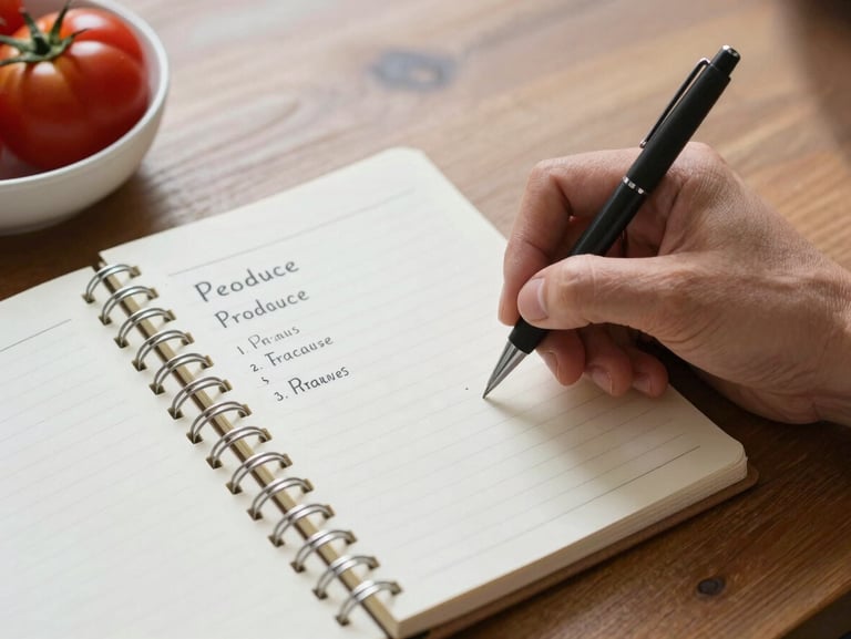 Close-up overhead shot of a hand writing in a notebook on a wooden table, a seasonal produce list visible, a small bowl of heirloom tomatoes at the edge of frame, soft diffused window light, no flash