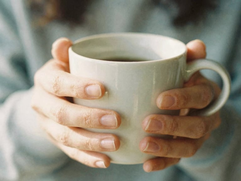 Close-up detail of hands holding a warm ceramic mug, soft morning light, shallow depth of field, 35mm film