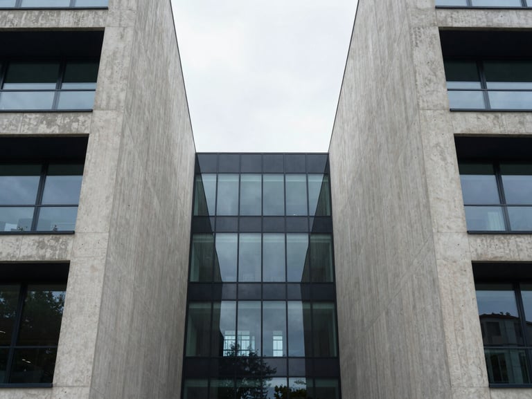 Symmetrical architectural details of modern concrete and glass structures, clean straight lines, overcast daylight