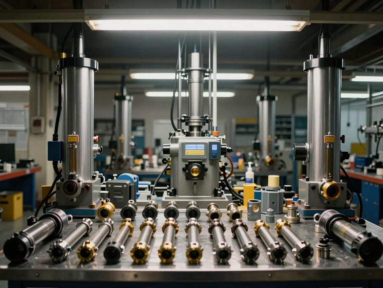 Wide overhead shot of shop floor showing hydraulic power unit mid-assembly, pipes and fittings laid out in organized rows on metal workbench under fluorescent industrial light