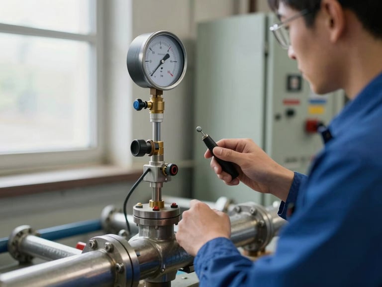 Technician reading pressure gauge on a hydraulic circuit panel, gauge needle visible mid-reading, industrial natural window light from the left, steel piping in foreground