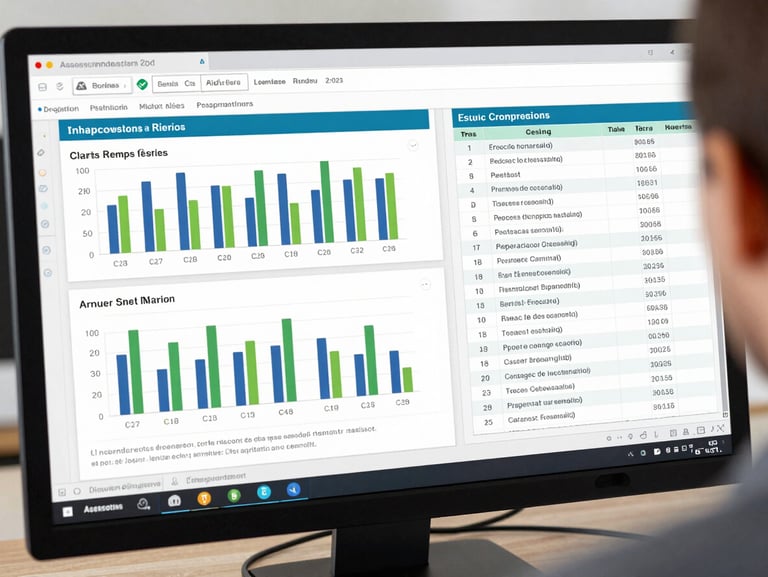 Wide close-up of a teacher's desktop monitor showing an assessment results dashboard with class-level bar charts, individual student scores, and a French reading comprehension quiz grid, studio lighting, clean interface, no people visible
