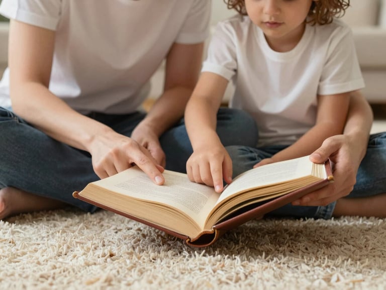A parent and child sitting together on a cream rug, holding a beautifully bound open book, warm natural light, focus on the physical book and gentle interaction.