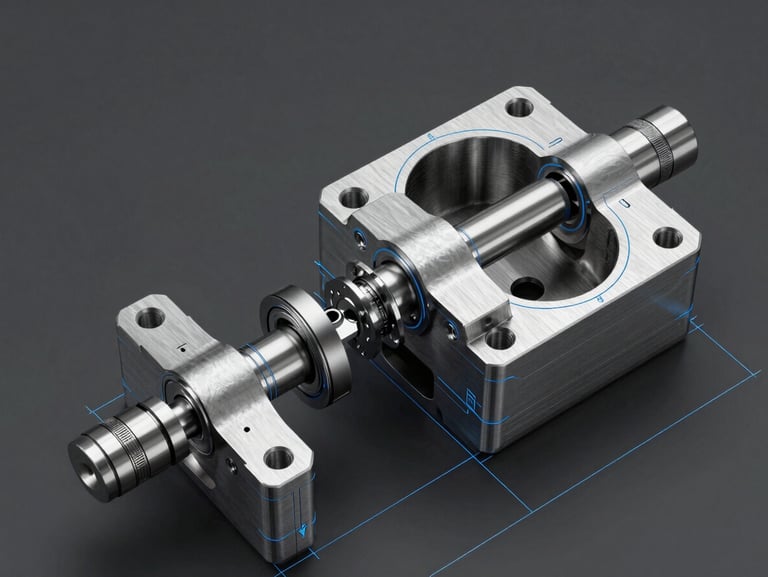 Orthographic technical CAD drawing of a mold base assembly, exploded view showing precise steel plates and ejector systems, blue and silver vector lines on charcoal background.