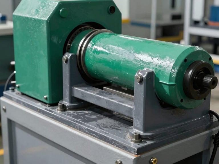 Close-up of industrial machinery on a manufacturing floor, crisp daylight, cool slate tones with vivid emerald accents, highly detailed, 35mm