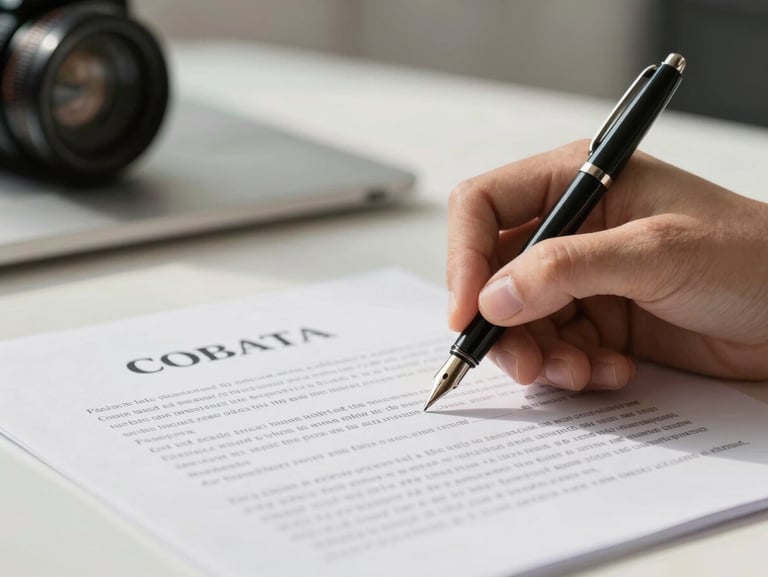 Close-up of hands signing a personal legal contract with a classic black fountain pen, clean modern workspace, bright daylight, professional and authentic atmosphere