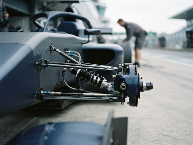A clean, modern race car in a pristine pit lane under cool overcast daylight, sharp focus on suspension assembly, muted blue and charcoal tones, 35mm