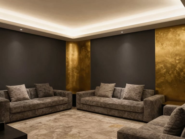 Warm editorial interior photography of the completed luxury living room, rich charcoal walls, matte gold accents, soft ambient light