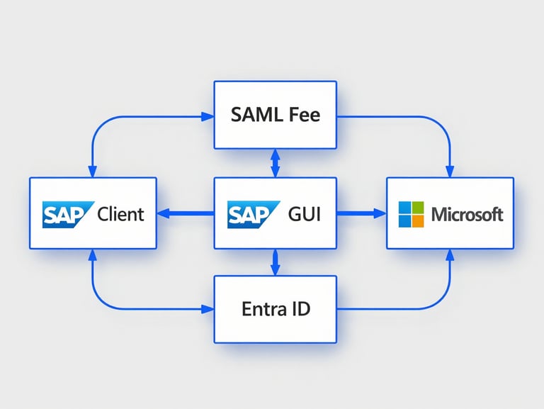 Orthogonal top-down technical schematic of SAML federation flow between SAP GUI client and Microsoft Entra ID, clean cobalt blue lines, precise digital nodes, clinical light gray background