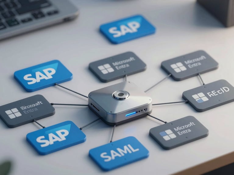Orthogonal technical system architecture diagram showing SAP GUI desktop client communicating with a lightweight middleware agent, federating to Microsoft Entra ID using SAML protocol, clean blue and slate nodes