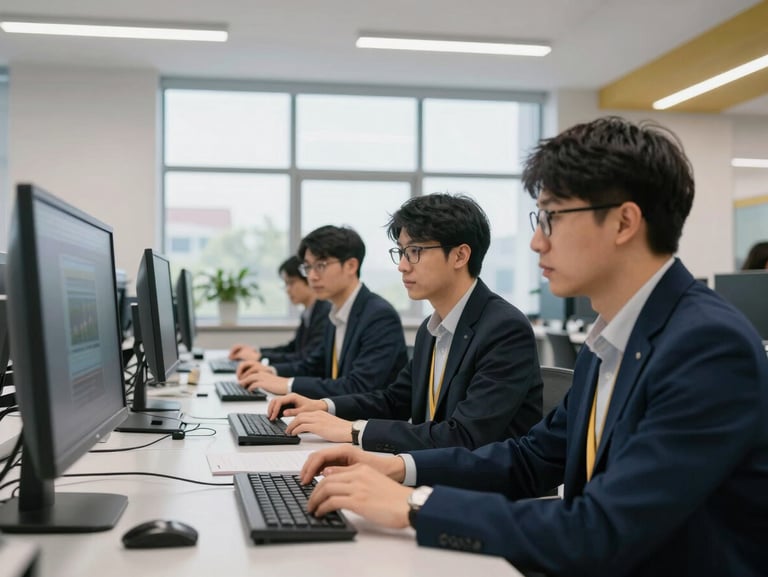 University professors in a modern computer lab learning AI integration tools, focused expressions, clean indoor architectural lighting, 35mm