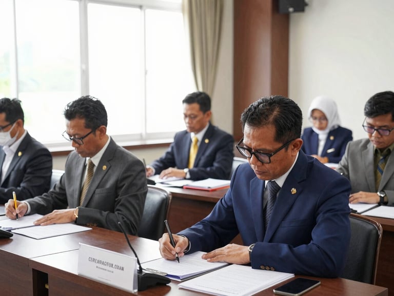 Indonesian government officials in a structured seminar room, taking professional certification exams, focused and formal, bright natural window light