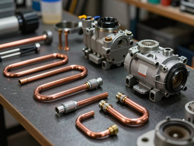 A clean, organized layout of technical tools, copper pipes, and replacement compressor valves on a dark workshop table, direct overhead lighting