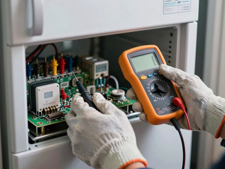 Hands wearing protective work gloves using a digital multimeter to test voltage on a refrigerator circuit board, sharp high-contrast lighting.