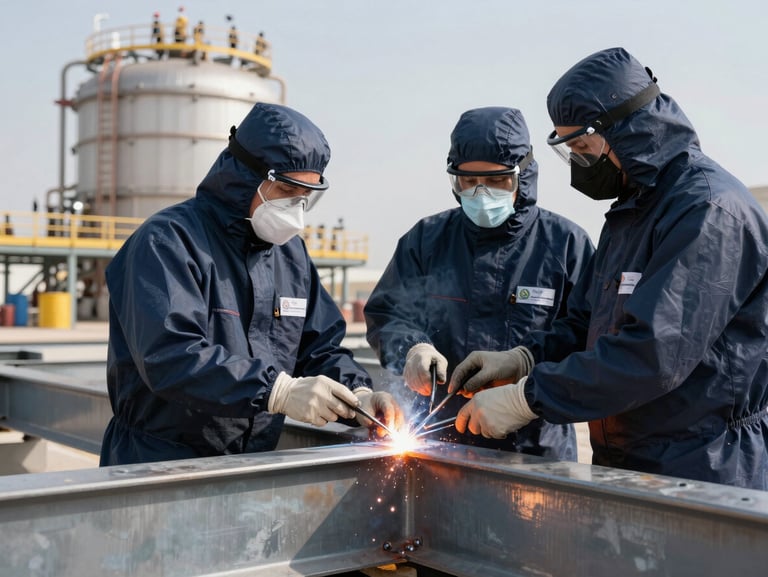 Sharp industrial photography of certified inspectors in pristine PPE verifying structural steel welds on an LNG processing facility in Qatar, crisp daylight, cool metallic tones.