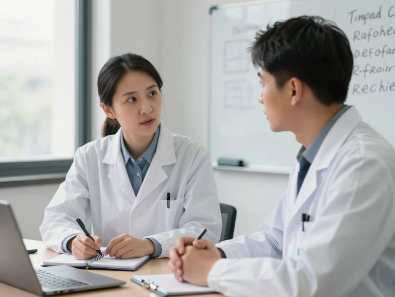 Medium shot of two researchers in conversation across a table, one with a notebook, natural window light from the left, a whiteboard partially visible in the background with handwritten notes