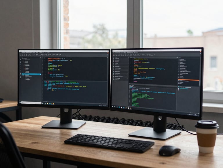 Wide shot of a developer's workspace — two monitors showing code and a running app interface, coffee cup to one side, natural light through a window behind the desk, no posed subject