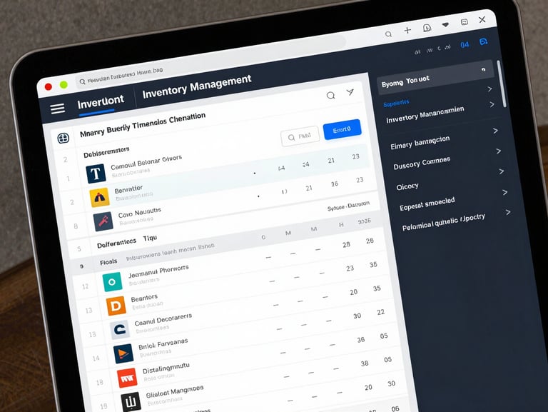 Angle perspective of a clean Inventory Management dashboard UI showing stock levels, database query logs, and dark mode theme.