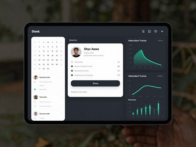 Sleek dark mode Attendance Tracker UI mockups showing calendar grids, student login logs, and visual analytics charts.