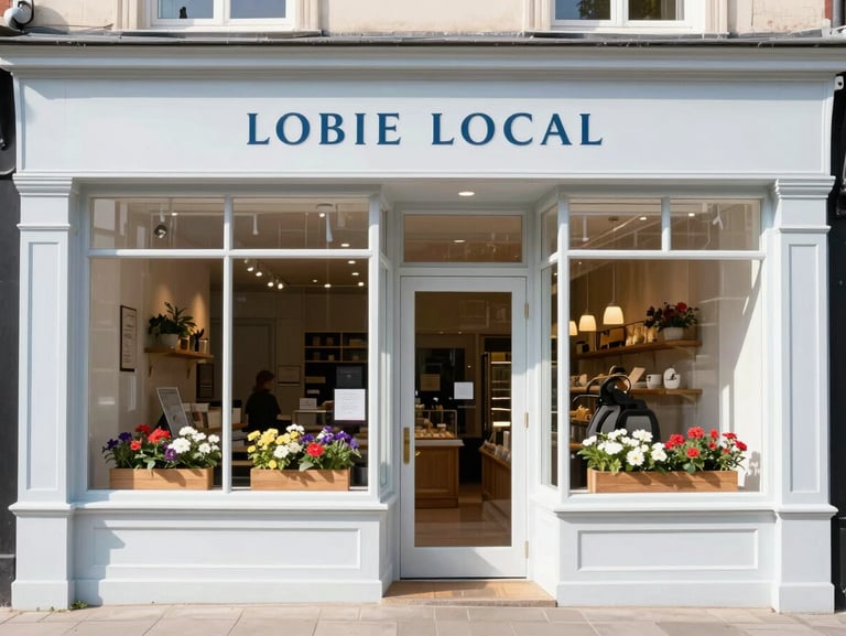 Bright daylight photo of a charming local bakery storefront with clean windows, flower boxes, and a warm inviting entrance, professional editorial style