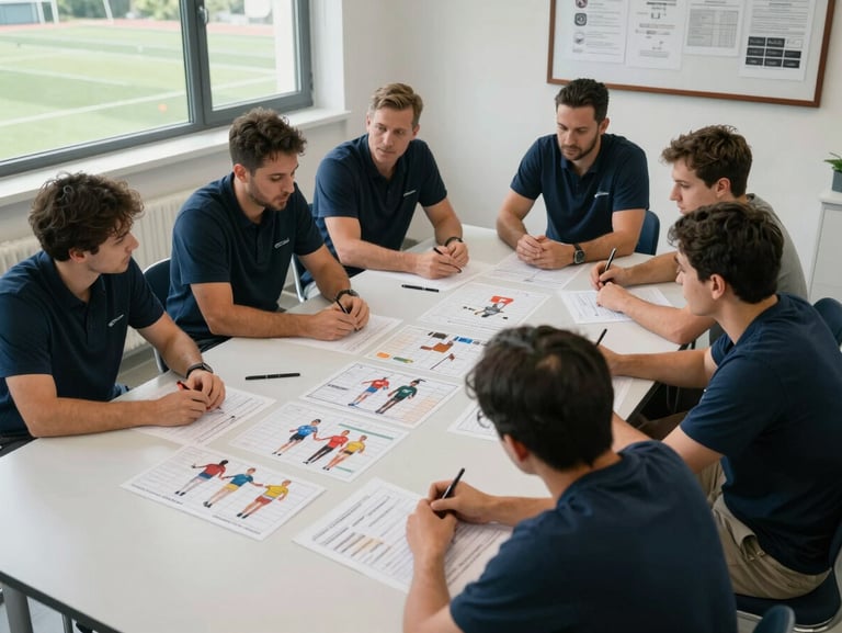 Wide environmental shot of a sports science team in a planning session around a table, printed athlete assessment charts visible, controlled indoor daylight, clinical and institutional setting, framed from slightly above to show the full table and staff
