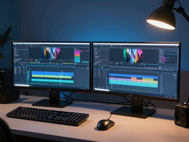 Wide shot of a professional edit bay at night, dual monitors glowing with color-grading software, keyboard and control surface in the foreground, tungsten desk lamp casting warm light against cool blue screen glow, no person visible