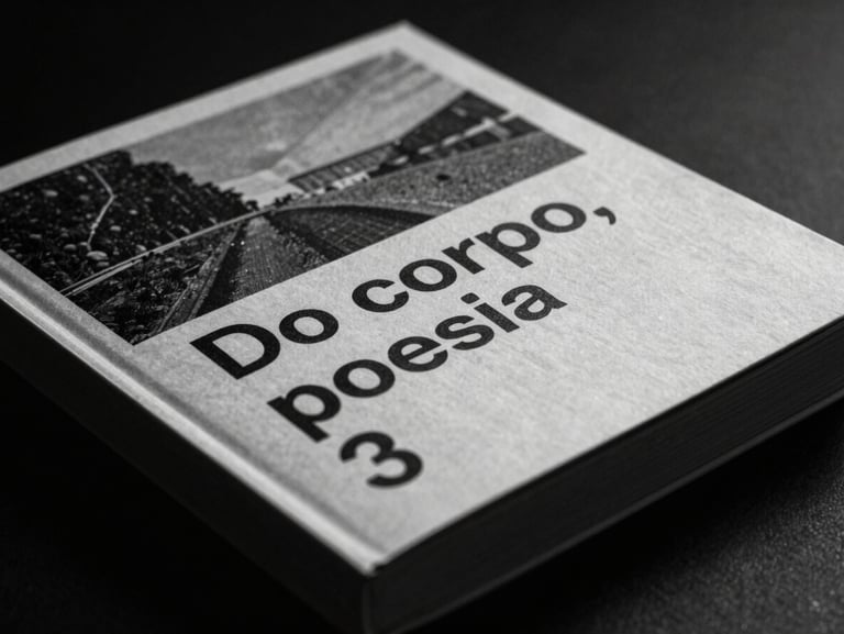 Close-up of the textured cover of a black and white photography art book titled 'Do corpo, poesia', resting on a dark surface, dramatic side lighting, subtle reflections, tactile details, deep shadows.