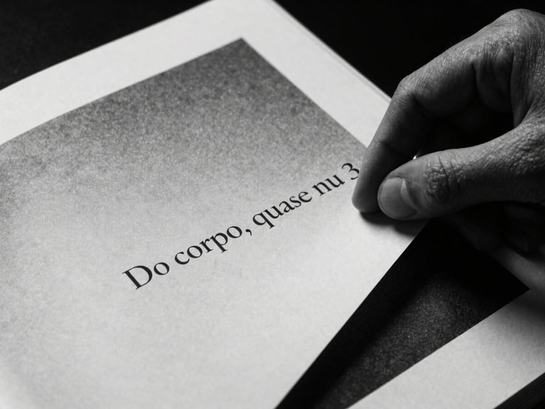 Close-up of a hand gently turning a textured, thick paper page of a black and white photography art book titled 'Do corpo, quase nu', chiaroscuro lighting, tactile details, off-white paper, deep shadows.
