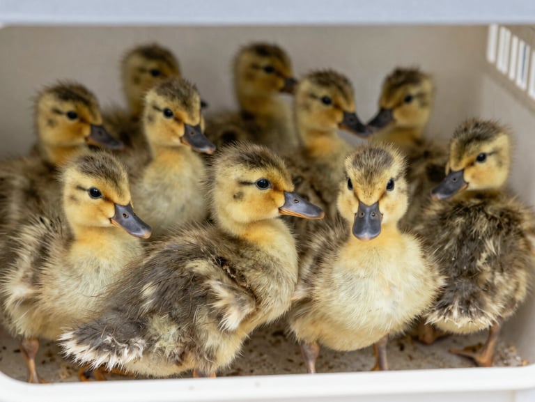 Extreme close-up flat-lay of Pato day-old ducklings in a handling crate, north-facing hatchery daylight, yellow-grey down, overhead clean framing on white surface
