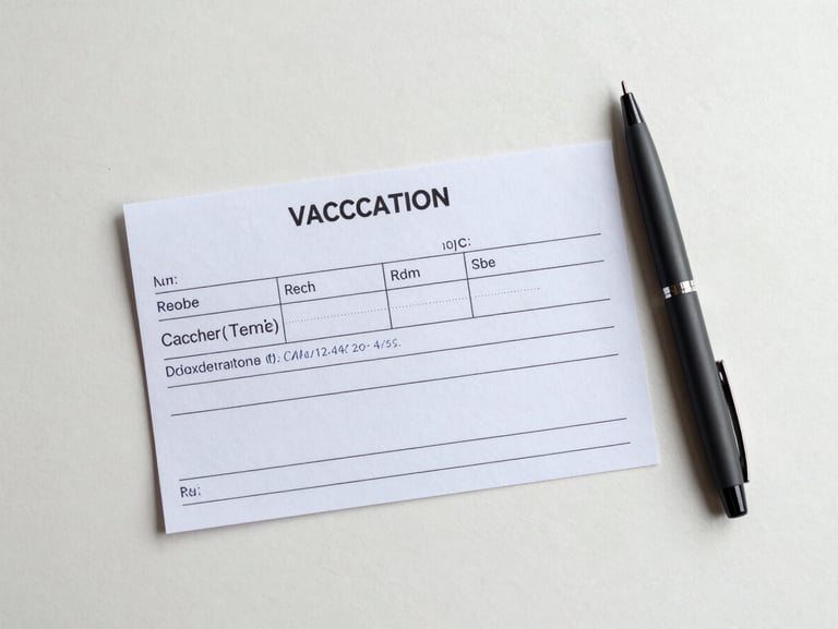 Overhead flat-lay of a handwritten vaccination record card on a plain light surface under studio-clear diffuse light, the card showing two vaccine entries with dates, batch number notation visible, a pen resting beside the card — no hands, no branding, clinical documentation framing