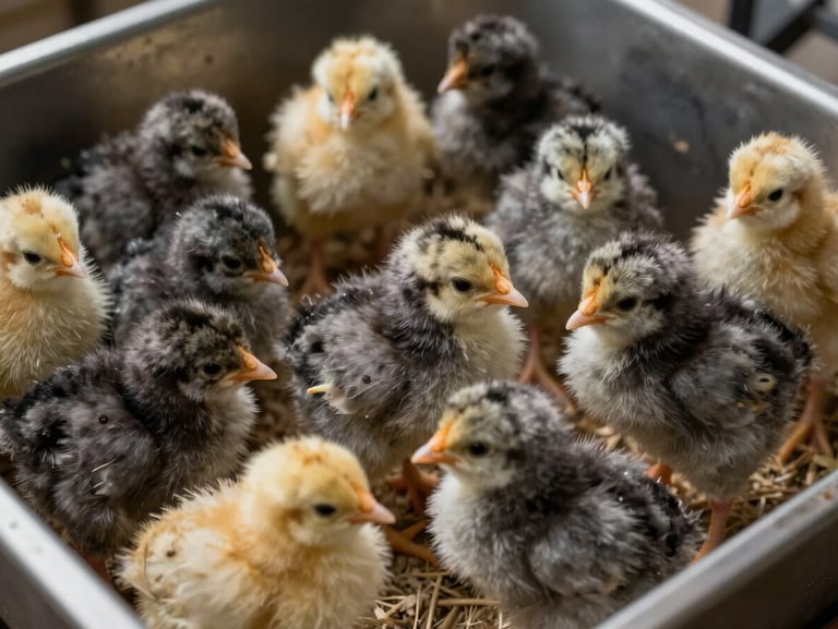 Extreme close-up flat-lay of Búlica day-old chicks in a hatchery transport tray, north-facing daylight, compact dark-grey and yellow down, overhead studio framing