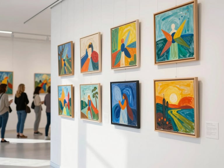 Bright sunlit gallery wall with framed paintings neatly hung, clean modern interior, patrons viewing art in background.