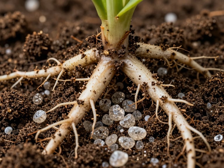 Macro shot of healthy plant roots gripping soil particles mixed with light gray zeolite mineral granules, highlighting soil texture and moisture retention