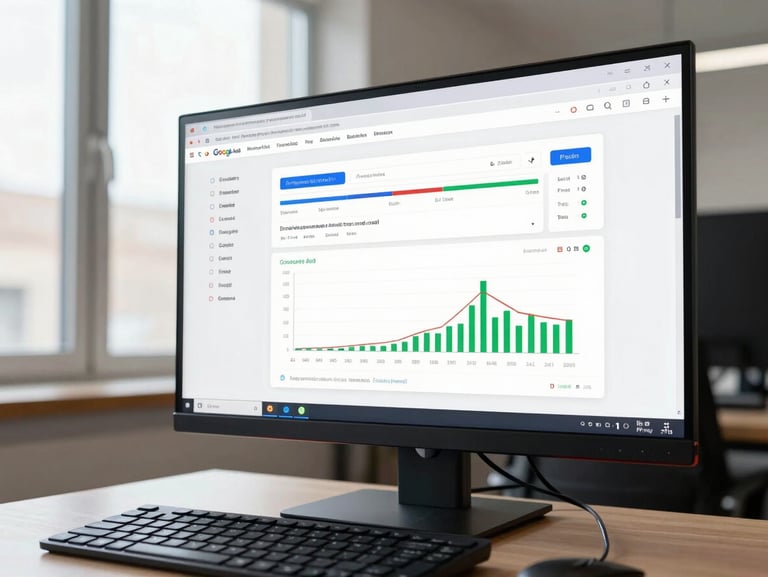 Wide environmental shot of a monitor displaying a Google Ads campaign dashboard with performance metrics and graphs, bright office natural window light from the left, keyboard and mouse visible in foreground, clinical and sharp