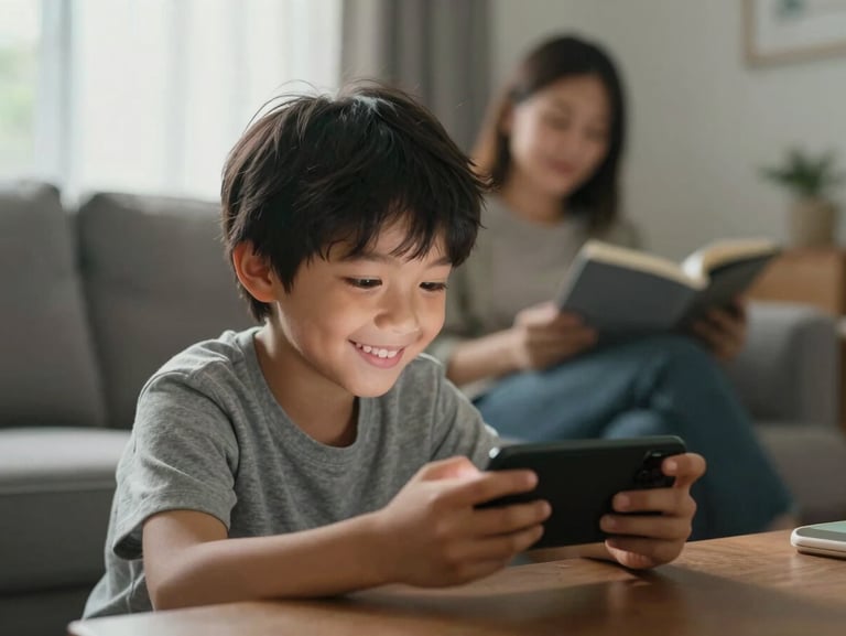 A child smiling at a phone screen in a living room, parent visible in background reading, warm indoor afternoon light, candid low-pressure moment, not posed
