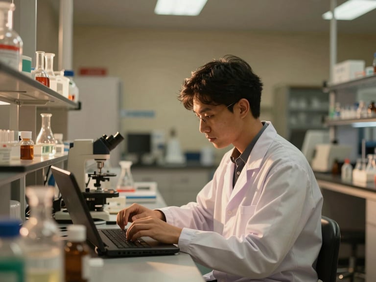 Warm editorial photography of a modern corporate laboratory and research environment in Indonesia, soft golden hour sunlight, a young professional scientist analyzing data, 35mm style