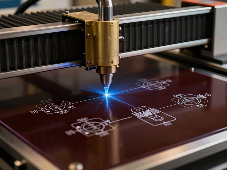 CO2 laser cutter engraving technical schematics onto a polished dark acrylic sheet, bright blue laser arc.