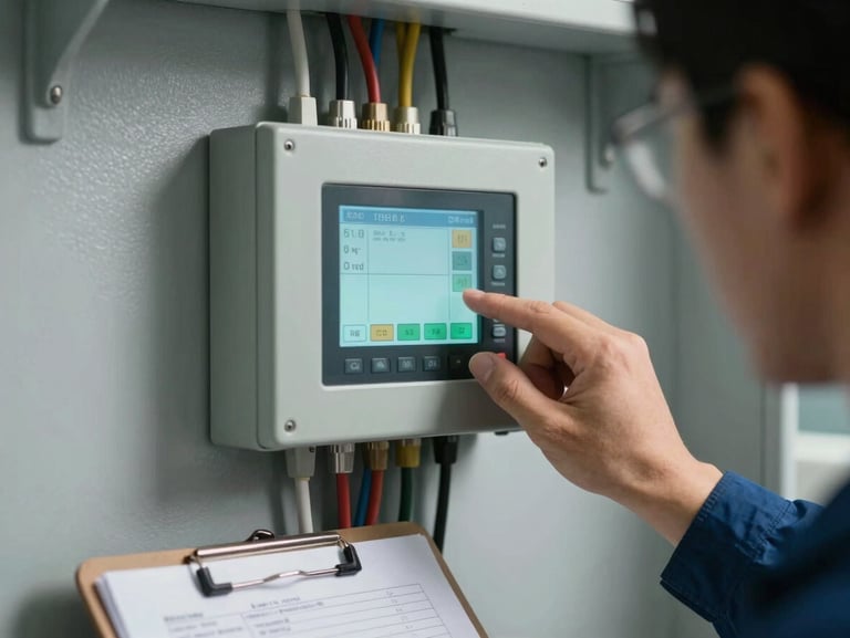 Close-up documentary shot of a thermostat control panel and diagnostic readout screen mounted on a painted interior wall, technician's hand adjusting settings, ambient daylight, cables neatly routed behind the panel, industrial clipboard with notes resting against the wall below