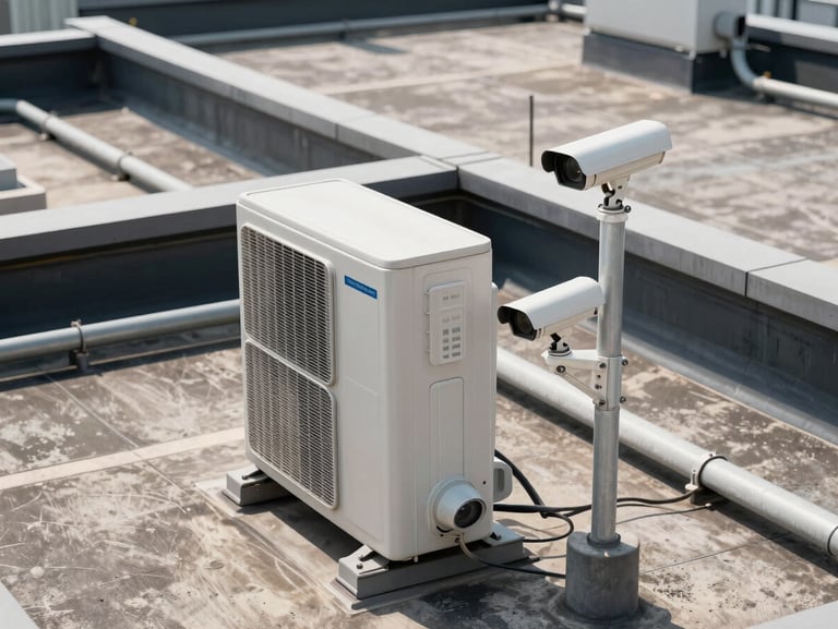 Overhead view of a commercial rooftop showing both an outdoor condenser unit for an air conditioning system and two PTZ security cameras mounted on poles nearby, daylight, wiring conduits running parallel across the rooftop surface