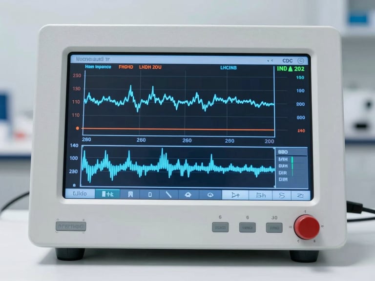 Macro flat-lay of a clean laboratory diagnostic dashboard showing real-time battery impedance charts and crisp blue telemetry lines on a white background.