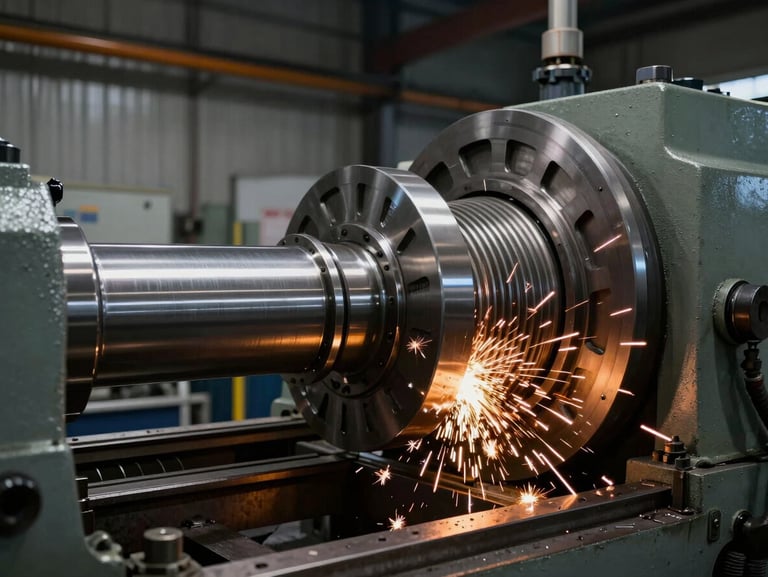 Wide-angle shot of a massive steel rotor shaft on a heavy industrial lathe, sparks flying, low-key dramatic lighting.