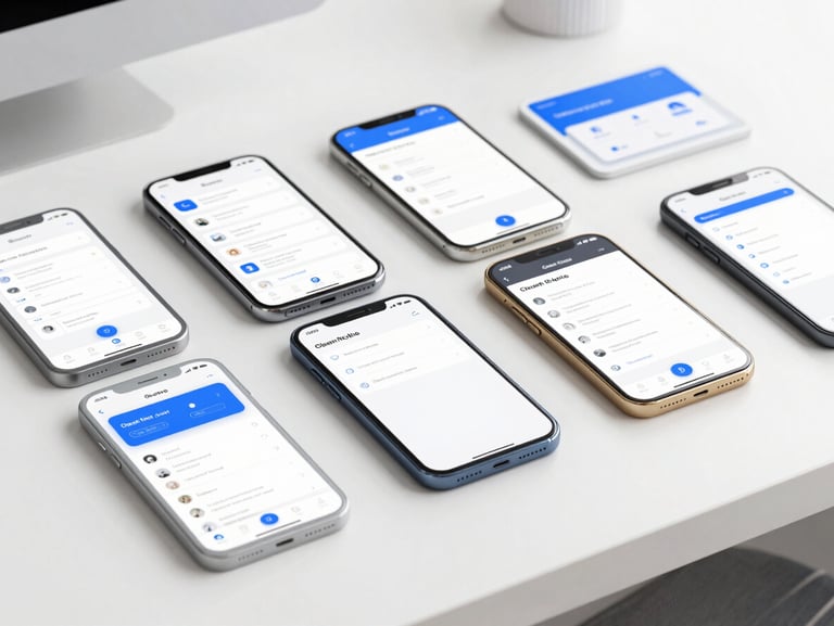 Clean tech photography of mobile UI wireframes on a clean desk, bright high-key studio light, crisp blue and neutral tones, sharp focus, modern workspace